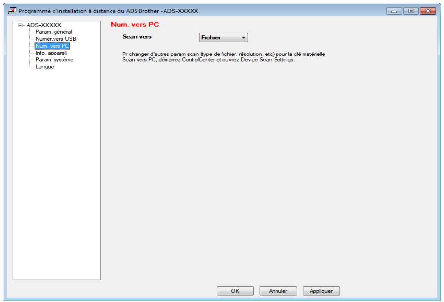 Programme d'installation à distance du ADS Brother -ADS-XXXXX ADS-XXXXX Param. général Numér. vers USB Num. vers PC Info. appareil Param. système Langue Num. vers PC Scan vers Fichier Pr changer d'autres param scan (type de fichier, résolution, etc) pour la clé matérielle Scan vers PC, démarrez ControlCenter et ouvrez Device Scan Settings. OK Annuler Appliquer