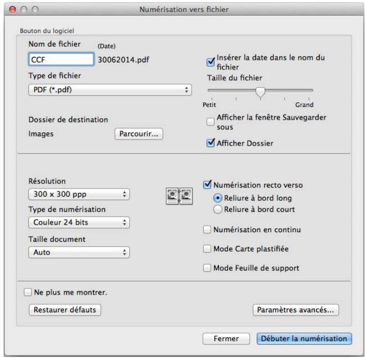 Numérisation vers fichier Bouton du logiciel Nom de fichier (Date) CCF 30062014.pdf Type de fichier PDF (*.pdf) Insérer la date dans le nom du fichier Taille du fichier Petit Grand Dossier de destination Images Parcourir... Afficher la fenêtre Sauvegarder sous Afficher Dossier Résolution 300 x 300 ppp Type de numérisation Couleur 24 bits Taille document Auto Numérisation recto verso Reliure à bord long Reliure à bord court Numérisation en continu Mode Carte plastifiée Mode Feuille de support Ne plus me montrer. Restaurer défauts Paramètres avancés... Fermer Débuter la numérisation