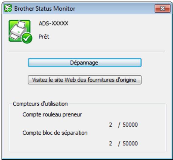 Brother Status Monitor ADS-XXXXX Prêt Dépannage Visitez le site Web des fournitures d'origine Compteurs d'utilisation Compte rouleau preneur 2 / 50000 Compte bloc de séparation 2 / 50000