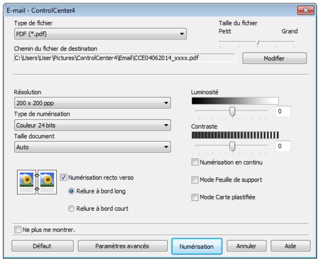 E-mail - ControlCenter4 Type de fichier PDF (*.pdf) Chemin du fichier de destination C:\Users\User\Pictures\ControlCenter4 Electron\CCE04062014_xxxxx.pdf Taille du fichier Petit Grand Modifier Résolution 200 x 200 ppp Type de numérisation Couleur 24 bits Taille document Auto Luminosité 0 Contraste 0 Numérisation en continu Mode Feuille de support Mode Carte plastifiée Numérisation recto verso Reliure à bord long Reliure à bord court Ne plus me montrer. Défaut Paramètres avancés Numérisation Annuler Aide
