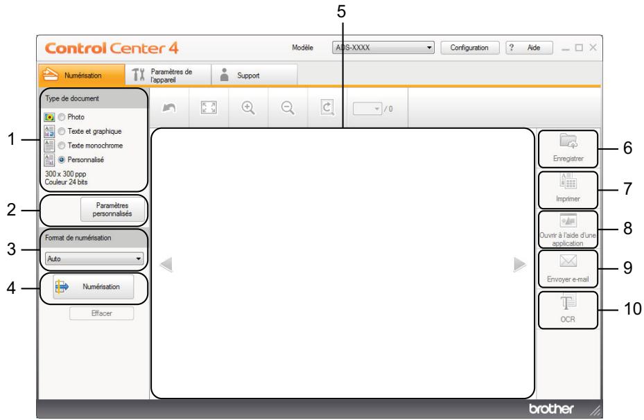 Control Center 4 Modèle: AOS-XXXX Configuration ? Aide Numérisation Paramètres de l'appareil Support Type de document Photo Texte et graphique Texte monochrome Personnalisé 300 x 300 ppp Couleur 24 bits Paramètres personnalisés Format de numérisation Auto Numérisation Effacer 6 7 8 9 10 Enregistrer Imprimer Ouvrir à l'aide d'une application Envoyer e-mail OCR brother