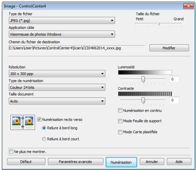 Image - ControlCenter4 Type de fichier JPEG (*.jpg) Application cible Visionneuse de photos Windows Chemin du fichier de destination C:\Users\User\Pictures\ControlCenter4\Scan\CCI04062014_xxxx.jpg Taille du fichier Petit Grand Résolution 300 x 300 ppp Type de numérisation Couleur 24 bits Taille document Auto Luminosité 0 Contraste 0 Numérisation en continu Mode Feuille de support Mode Carte plastifiée Numérisation recto verso Reliure à bord long Reliure à bord court Ne plus me montrer. Défaut Paramètres avancés Numérisation Annuler Aide
