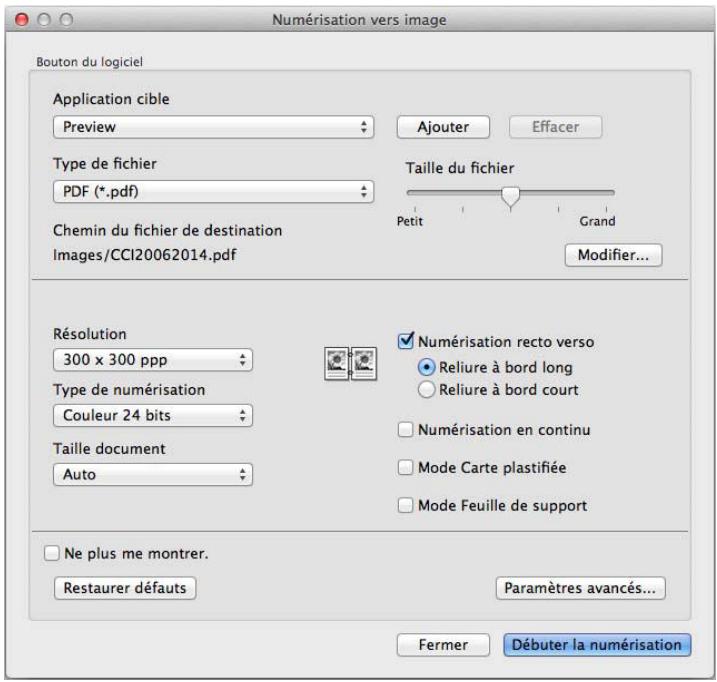 Numérisation vers image Bouton du logiciel Application cible Preview Ajouter Effacer Type de fichier PDF (*.pdf) Taille du fichier Petit Grand Chemin du fichier de destination Images/CCI20062014.pdf Modifier... Résolution 300 x 300 ppp Type de numérisation Couleur 24 bits Taille document Auto Numérisation recto verso Reliure à bord long Reliure à bord court Numérisation en continu Mode Carte plastifiée Mode Feuille de support Ne plus me montrer. Restaurer défauts Paramètres avancés... Fermer Débuter la numérisation