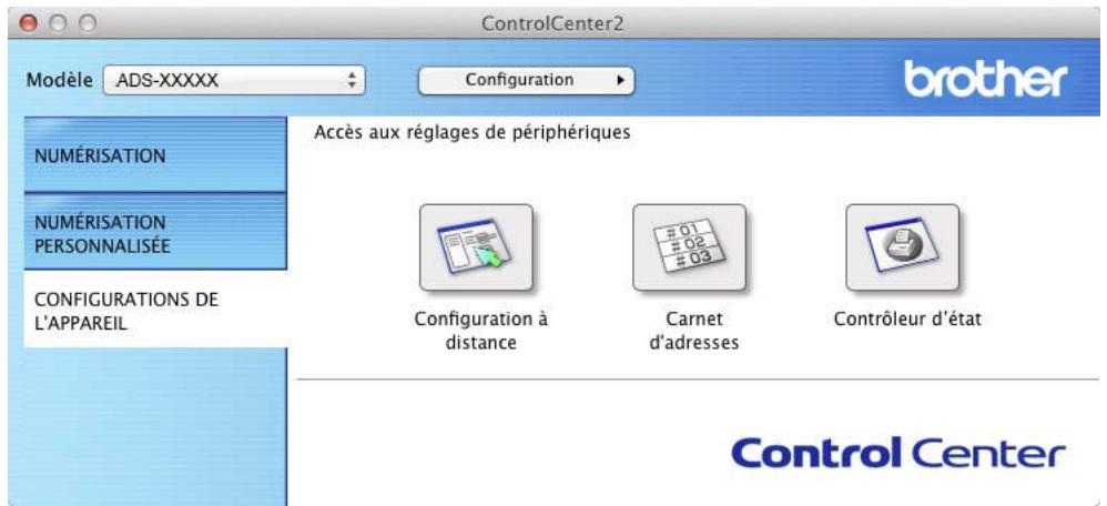 ControlCenter2 Modèle ADS-XXXXX Configuration brother NUMÉRISATION NUMÉRISATION PERSONNALISÉE CONFIGURATIONS DE L'APPAREIL Accès aux réglages de périphériques Configuration à distance Carnet d'adresses Contrôleur d'état Control Center