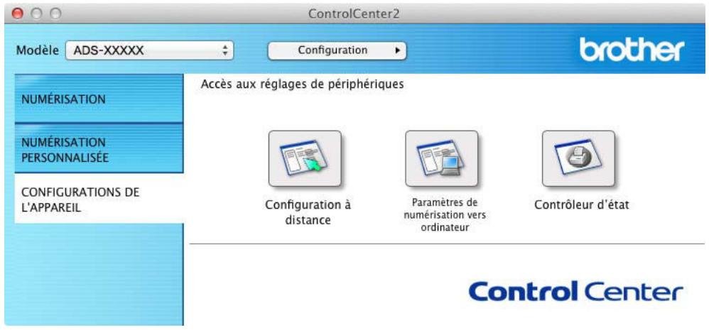 ControlCenter2 Modèle ADS-XXXXX Configuration brother NUMÉRISATION NUMÉRISATION PERSONNALISÉE CONFIGURATIONS DE L'APPAREIL Accès aux réglages de périphériques Configuration à distance Paramètres de numérisation vers ordinateur Contrôleur d'état Control Center