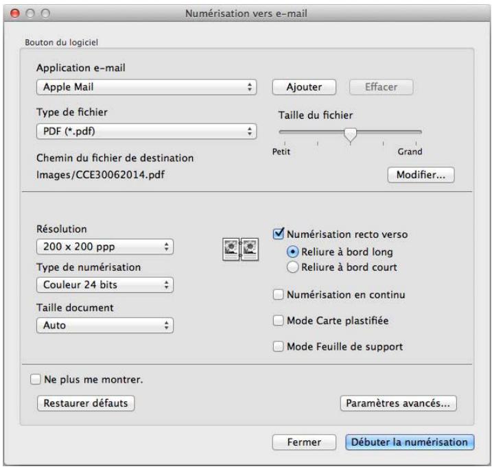 Numérisation vers e-mail Bouton du logiciel Application e-mail Apple Mail Ajouter Effacer Type de fichier PDF (*.pdf) Taille du fichier Petit Grand Chemin du fichier de destination Images/CCE30062014.pdf Modifier... Résolution 200 x 200 ppp Type de numérisation Couleur 24 bits Taille document Auto Numérisation recto verso Reliure à bord long Reliure à bord court Numérisation en continu Mode Carte plastifiée Mode Feuille de support Ne plus me montrer. Restaurer défauts Paramètres avancés... Fermer Débuter la numérisation