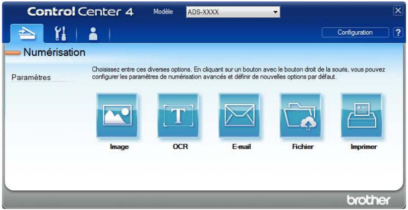 Control Center 4 Modèle ADS-XXXX Configuration ? Numérisation Paramètres Choisissez entre ces diverses options. En cliquant sur un bouton avec le bouton droit de la souris, vous pouvez configurer les paramètres de numérisation avancés et définir de nouvelles options par défaut. Image OCR E-mail Fichier Imprimer brother