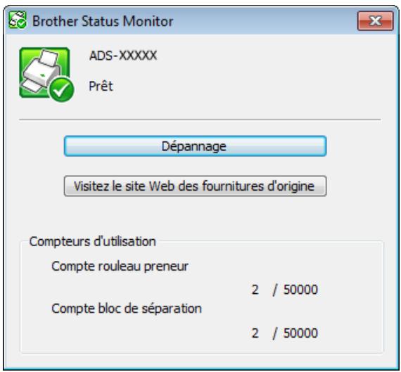 Brother Status Monitor ADS-XXXXX Prêt Dépannage Visitez le site Web des fournitures d'origine Compteurs d'utilisation Compte rouleau preneur 2 / 50000 Compte bloc de séparation 2 / 50000