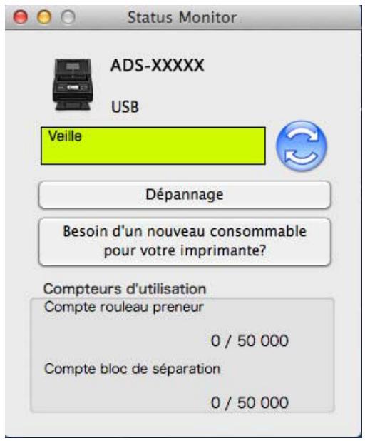 Status Monitor ADS-XXXXX USB Veille Dépannage Besoin d'un nouveau consommable pour votre imprimante? Compteurs d'utilisation Compte rouleau preneur 0 / 50 000 Compte bloc de séparation 0 / 50 000