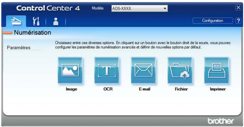 Control Center 4 Modèle ADS-XXXX Configuration Numérisation Paramètres Choisissez entre ces diverses options. En cliquant sur un bouton avec le bouton droit de la souris, vous pouvez configurer les paramètres de numérisation avancés et définir de nouvelles options par défaut. Image OCR E-mail Fichier Imprimer brother