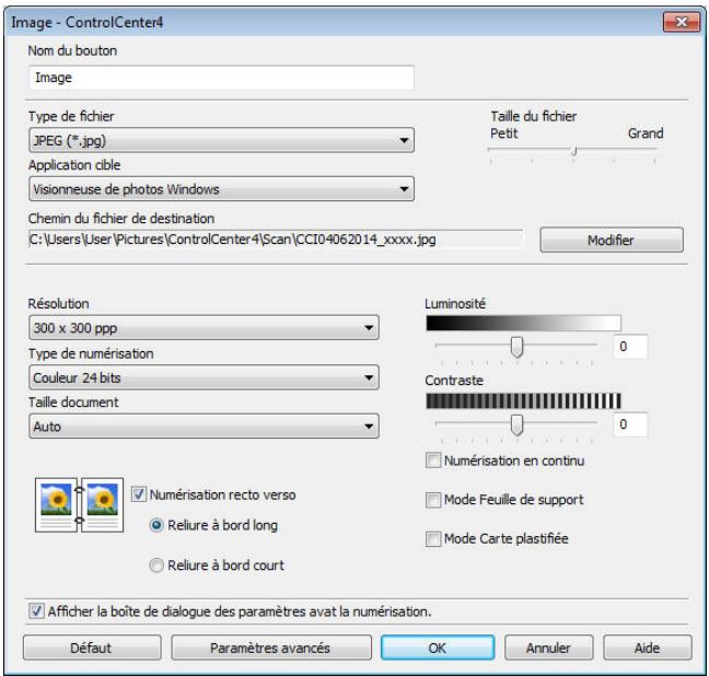 Image - ControlCenter4 Nom du bouton Image Type de fichier JPEG (*.jpg) Application cible Visionneuse de photos Windows Chemin du fichier de destination C:\Users\User\Pictures\ControlCenter4\Scan\CCI04062014_xxxx.jpg Résolution 300 x 300 ppp Type de numérisation Couleur 24 bits Taille document Auto Luminosité 0 Contraste 0 Numérisation en continu Mode Feuille de support Mode Carte plastifiée Numérisation recto verso Reliure à bord long Reliure à bord court Afficher la boîte de dialogue des paramètres avat la numérisation. Défaut Paramètres avancés OK Annuler Aide