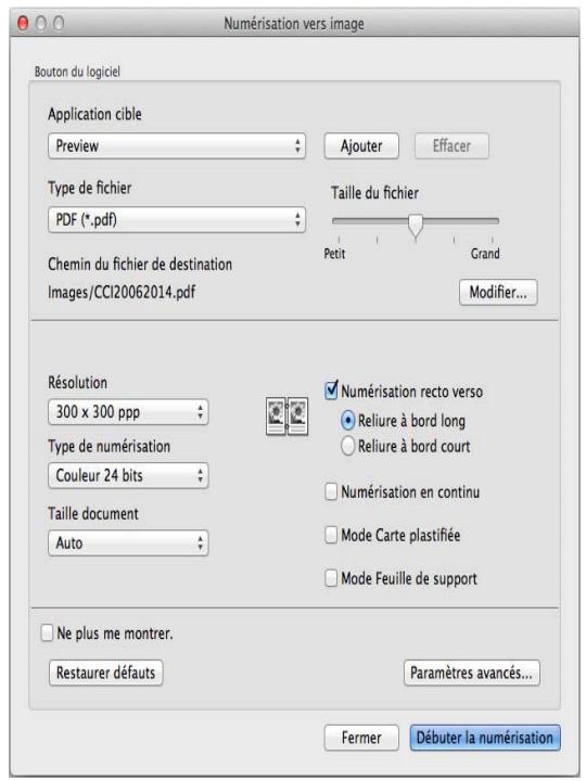 Numérisation vers image Bouton du logiciel Application cible Preview Ajouter Effacer Type de fichier PDF (*.pdf) Taille du fichier Petit Grand Chemin du fichier de destination Images/CCI20062014.pdf Modifier... Résolution 300 x 300 ppp Type de numérisation Couleur 24 bits Taille document Auto Numérisation recto verso Reliure à bord long Reliure à bord court Numérisation en continu Mode Carte plastifiée Mode Feuille de support Ne plus me montrer. Restaurer défauts Paramètres avancés... Fermer Débuter la numérisation