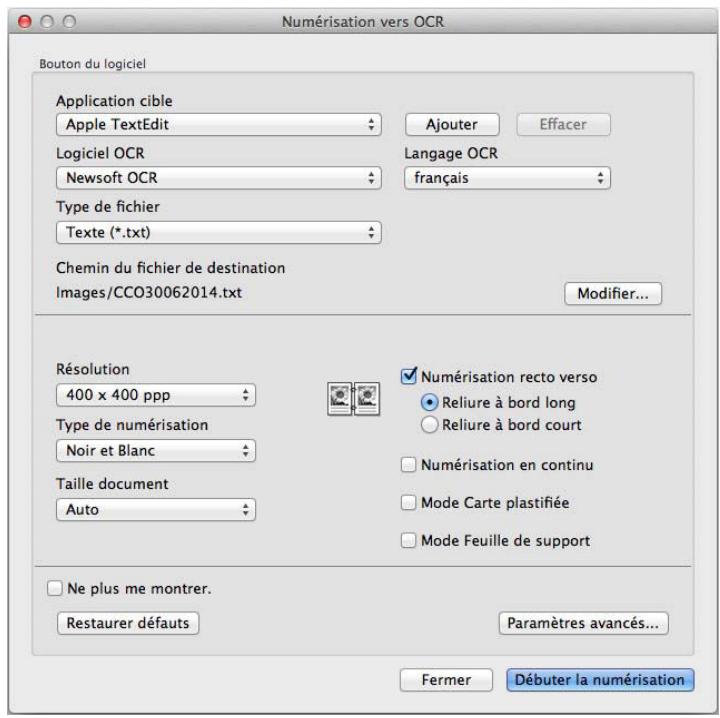Numérisation vers OCR Bouton du logiciel Application cible Apple TextEdit Logiciel OCR Newsoft OCR Type de fichier Texte (*.txt) Chemin du fichier de destination Images/CCO30062014.txt Ajouter Effacer Langage OCR français Résolution 400 x 400 ppp Type de numérisation Noir et Blanc Taille document Auto Numérisation recto verso Reliure à bord long Reliure à bord court Numérisation en continu Mode Carte plastifiée Mode Feuille de support Ne plus me montrer. Restaurer défauts Paramètres avancés... Fermer Débuter la numérisation