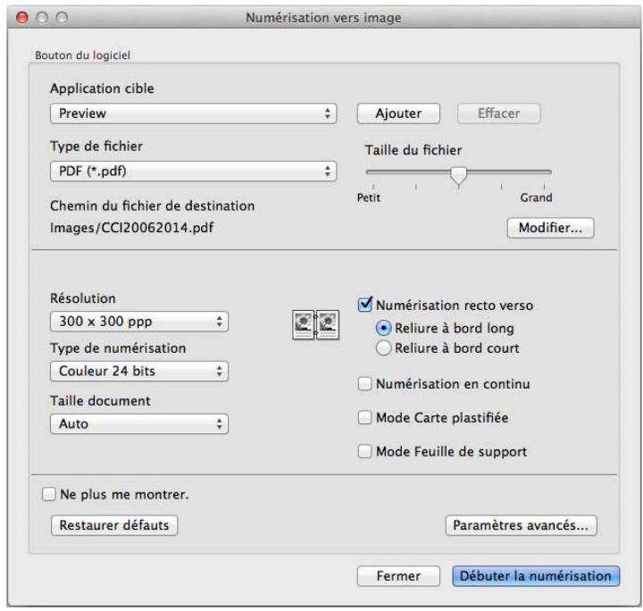 Numérisation vers image Bouton du logiciel Application cible Preview Ajouter Effacer Type de fichier PDF (*.pdf) Taille du fichier Petit Grand Chemin du fichier de destination Images/CCI20062014.pdf Modifier... Résolution 300 x 300 ppp Typie de numérisation Couleur 24 bits Taille document Auto Numérisation recto verso Reliure à bord long Reliure à bord court Numérisation en continu Mode Carte plastifiée Mode Feuille de support Ne plus me montrer. Restaurer défauts Paramètres avancés... Fermer Débuter la numérisation