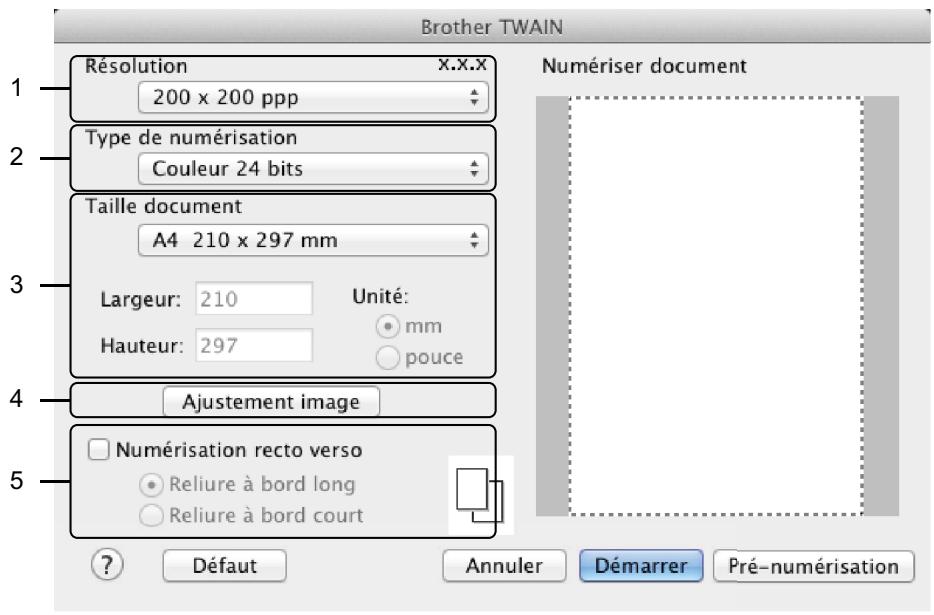 Brother TWAIN 1 Résolution X.X.X 200 x 200 ppp 2 Type de numérisation Couleur 24 bits Taille document A4 210 x 297 mm 3 Largeur: 210 Unité: Hauteur: 297 mm pouce 4 Ajustement image 5 Numérisation recto verso Reliure à bord long Reliure à bord court ? Défaut Annuler Démarrer Pré-numérisation