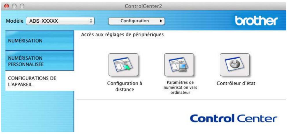 ControlCenter2 Modèle ADS-XXXXX Configuration brother NUMÉRISATION NUMÉRISATION PERSONNALISÉE CONFIGURATIONS DE L'APPAREIL Accès aux réglages de périphériques Configuration à distance Paramètres de numérisation vers ordinateur Contrôleur d'état Control Center