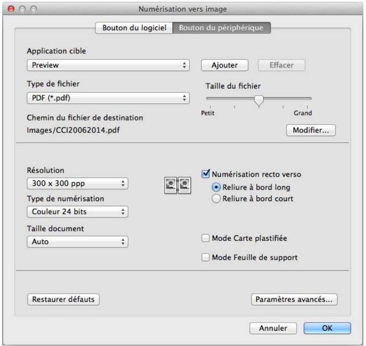 Numérisation vers image Bouton du logiciel Bouton du périphérique Application cible Preview Ajouter Effacer Type de fichier PDF (*.pdf) Taille du fichier Petit Grand Chemin du fichier de destination Images/CCI20062014.pdf Modifier... Résolution 300 x 300 ppp Type de numérisation Couleur 24 bits Taille document Auto Numérisation recto verso Reliure à bord long Reliure à bord court Mode Carte plastifiée Mode Feuille de support Restaurer défauts Paramètres avancés... Annuler OK