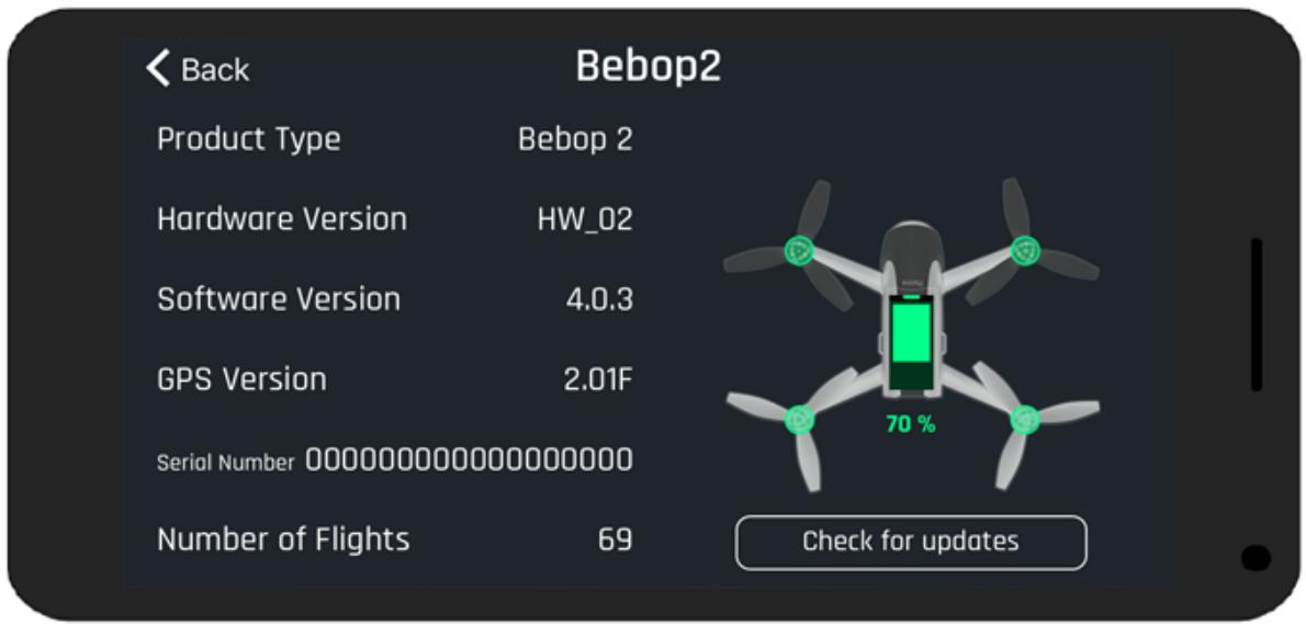 Back Bebop2 Product Type Bebop 2 Hardware Version HW_02 Software Version 4.0.3 GPS Version 2.01F Serial Number 000000000000000000 Number of Flights 69 70 % Check for updates