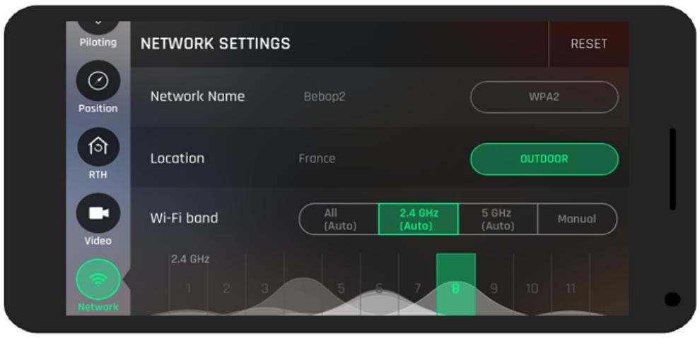 Piloting NETWORK SETTINGS RESET Position Network Name Bebop2 WPA2 RTH Location France OUTDOOR Video Wi-Fi band All 2.4 GHz 5 GHz Manual (Auto) (Auto) (Auto) 2.4 GHz 8 9 10 11 1 2 3 4 5 6 7 8 9 10 11 Network