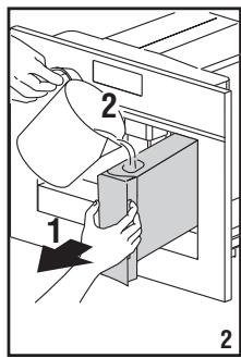 Diagram showing a hand pouring liquid into a container with labeled parts 1 and 2, likely illustrating a chemical or industrial process.