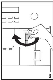 Diagram showing a hand operating a device with a rotating button and directional arrow, labeled with number 3.