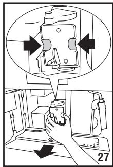 Diagram showing a hand operating a device with directional arrows and labeled section 27