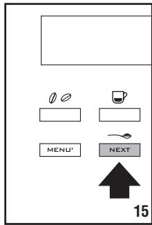 User interface screenshot with icons for coffee, coffee cup, menu, and next button, plus a numbered arrow indicator.