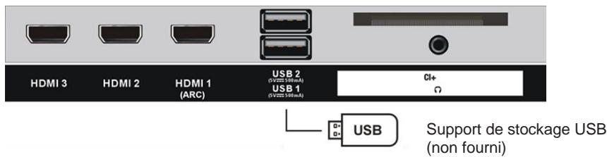 HDMI 3 HDMI 2 HDMI 1 (ARC) USB 2 (V=10mA) USB 1 (V=10mA) CI+ Ω USB Support de stockage USB (non fourni)