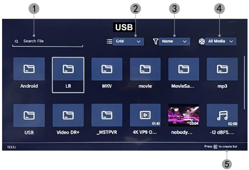 USB Search File Grid Name All Media Android LR MKV movie MovieSa... mp3 USB Video DR+ _MSTPVR 4K VP9 O... nobody... -12 dBFS... TEST/ Press to create list 5