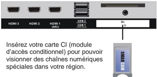 HDMI 3 HDMI 2 HDMI 1 (ARC) USB 2 (HA1000000000000000000000000000000000000000000000000000000000000 USB 1 (ARC) (HDMI 3) C# Insérez votre carte CI (module d'accès conditionnel) pour pouvoir visionner des chaînes numériques spéciales dans votre région. SMARCAM