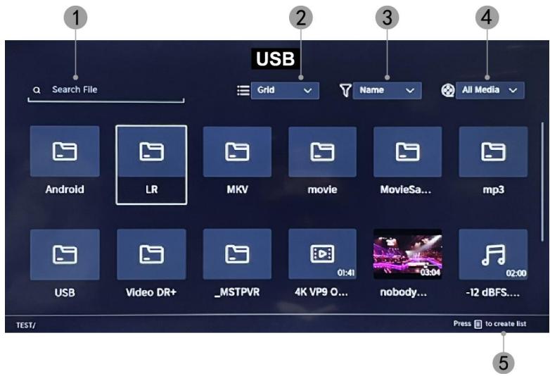 USB Search File Grid Name All Media Android LR MKV movie MovieSa... mp3 USB Video DR+ _MSTPVR 01:41 4K VP9 O... nobody... -12 dBFS.... 02:00 TEST/ Press to create list 5