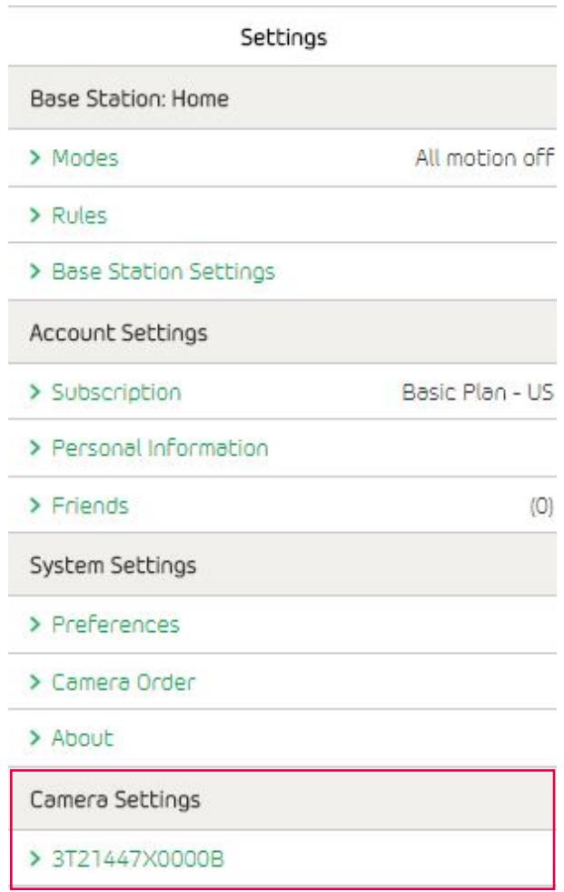 Settings Base Station: Home > Modes All motion off > Rules > Base Station Settings Account Settings > Subscription Basic Plan - US > Personal Information > Friends (0) System Settings > Preferences > Camera Order > About Camera Settings > 3T21447X0000B