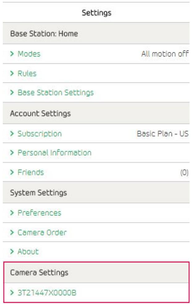 Settings Base Station: Home > Modes All motion off > Rules > Base Station Settings Account Settings > Subscription Basic Plan - US > Personal Information > Friends (0) System Settings > Preferences > Camera Order > About Camera Settings > 3T21447X0000B