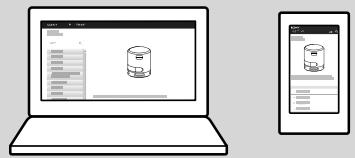 Illustration showing a laptop screen displaying a 3D cylinder diagram and a smartphone displaying a 3D cube with labeled sections.