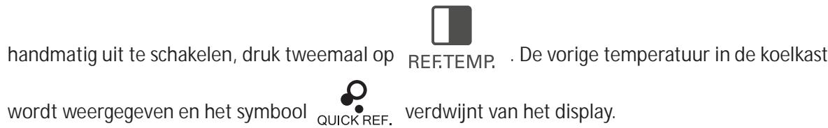 handmatig uit te schakelen, druk tweemaal op REF.TEMP. . De vorige temperatuur in de koelkast wordt weergegeven en het symbool QUICK REF. verdwijnt van het display.