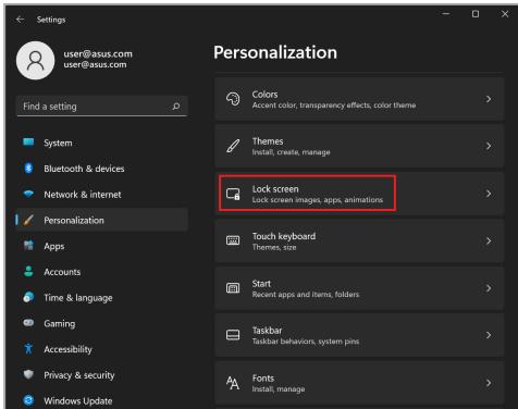 ASUS TP3402VA - Valitse Lock screen (lukitusnäytö) -valilehti ja sitten Screensaver (näytönssästäjä) nähdäksesi vaihtoehdot. - 1