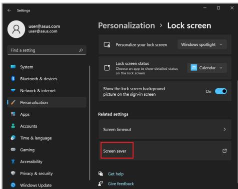 ASUS TP3402VA - Valitse Lock screen (lukitusnäytö) -valilehti ja sitten Screensaver (näytönssästäjä) nähdäksesi vaihtoehdot. - 2