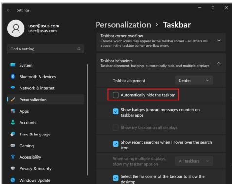 ASUS TP3402VA - Valitse Taskbar (tehtäväpalkki) -valilehti ja ota käytöön Automatically hide the taskbar (piilota tehtäväpalkki automaattisesti). - 2