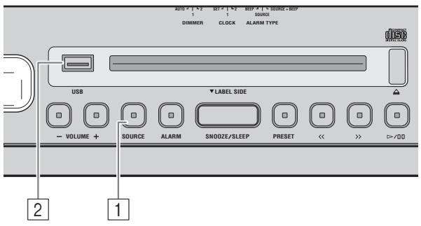 USB ↓ LABEL SIDE - VOLUME + SOURCE ALARM SNOOZE/SLEEP PRESET << >> D+/D0 1 2 1 DIMMER CLOCK ALARM TYPE