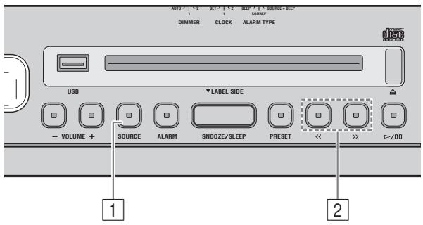 USB VOLUME + SOURCE ALARM SNOOZE/SLEEP PRESET << >> >=/00 1 2 DIMMER CLOCK ALARM TYPE USB LABEL SIDE