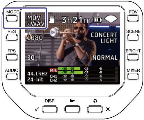 ZOOM Q8n-4K - Pressez mode en écran d'enregistrement. - 1