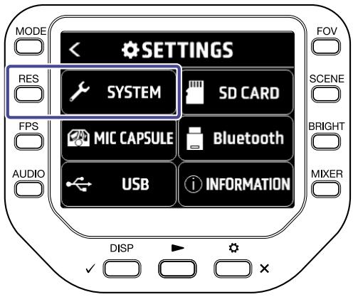 ZOOM Q8n-4K - Pressez SYSTEM en écran settings. - 1