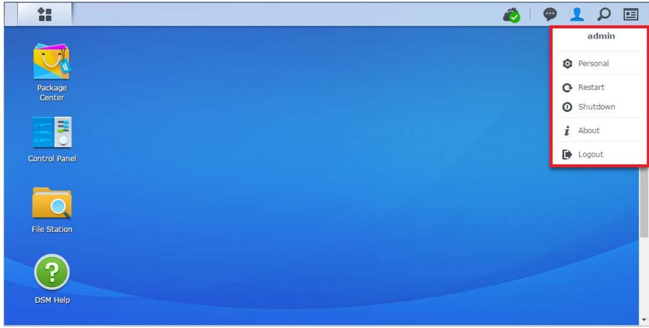 SYNOLOGY DS418play - Arrête, redémarrer, déconnexion ou gérer les paramètres personnels - 1