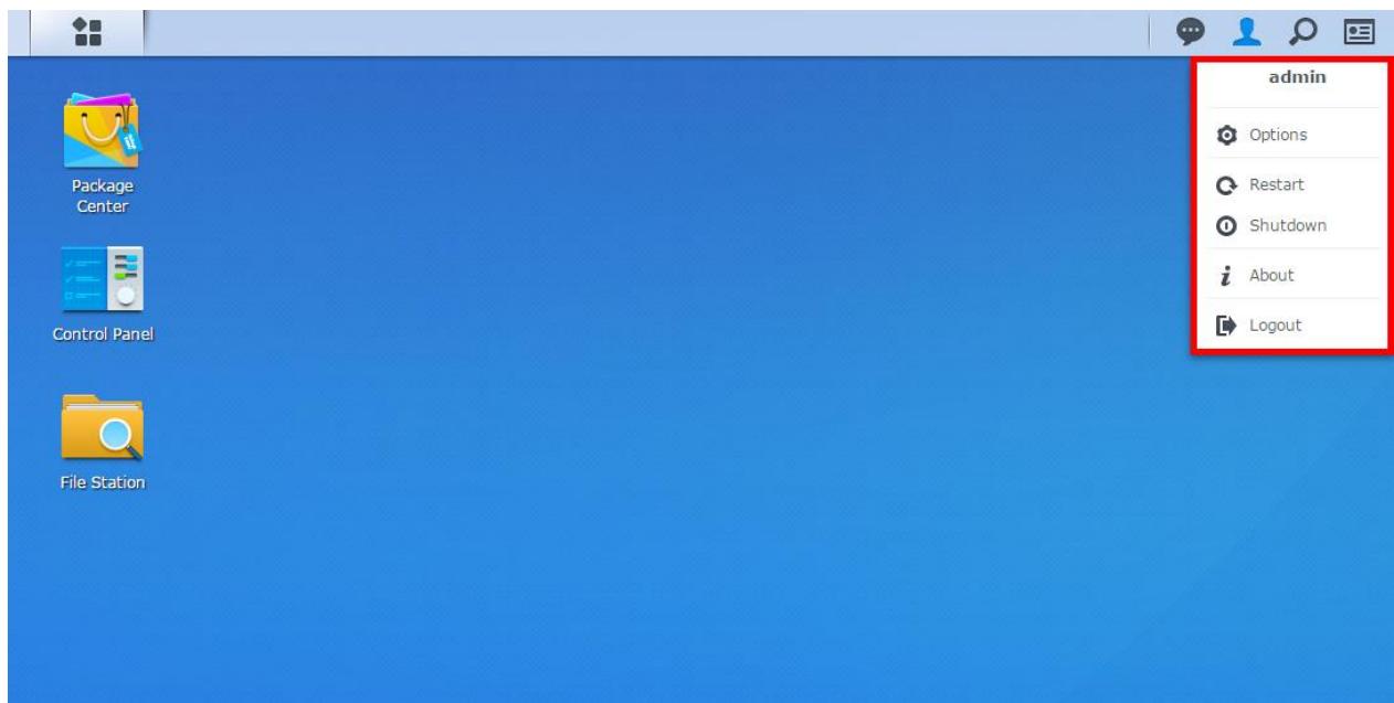 SYNOLOGY DS916+ - Arrêt, redémarrage, déconnexion ou gestion des options personnelles - 1