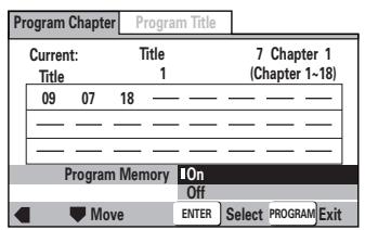 MARANTZ DV8400 - Pour sauegarder la liste de lecture, déplacez la touche de cursesur () sur 'Program Memory' et reglez-la sur 'On'. - 1