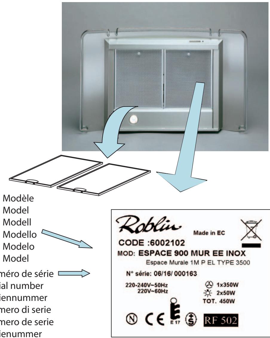 ROBLIN ESPACE MURALE 1200 - Plaque Signalétique de la hotte Rating plate of the cookerhood Typenschild im Inneren der Dunstesse Etichetta all'interno della cappa Etiqueta de la campana Typeplaatje van de afzuigkap - 1