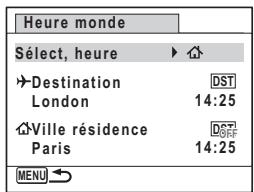 PENTAX OPTIO P70 - Affichage de l'heure de la destination sur l'écran (Sélect, heures) - 1