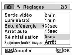 PENTAX OPTIO P70 - Utilisez le bouton de navigation ( ) pour selectionner le laps de temps qui s'ecoule avant l'activation du mode economie d'énergie. - 1