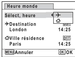 PENTAX OPTIO P70 - Affichage de l'heure de la destination sur l'écran (Sélect, heures) - 2