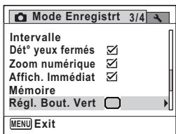 PENTAX OPTIO W80 - Appuyez sur le bouton de navigation ( ) pour selectionner [Régl. Bout. Vert]. - 1